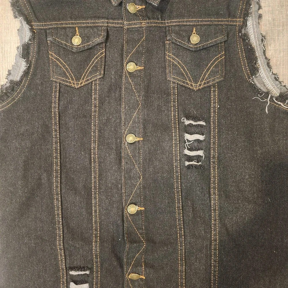 Nasky Denim Vest Mens XL Black Excellent Distressed Sleeveless Trucker Jacket